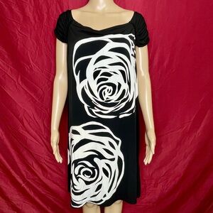 London Style Off Shoulder Ruched Cap Sleeve Black Rose Midi Dress Size 14